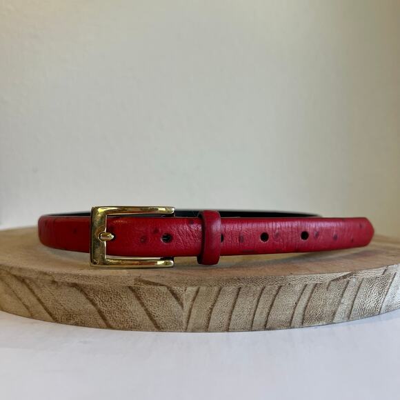 Vintage 90s Red Genuine Italian Leather Thin Skinny Gold Buckle Belt Size Small - Picture 3 of 11